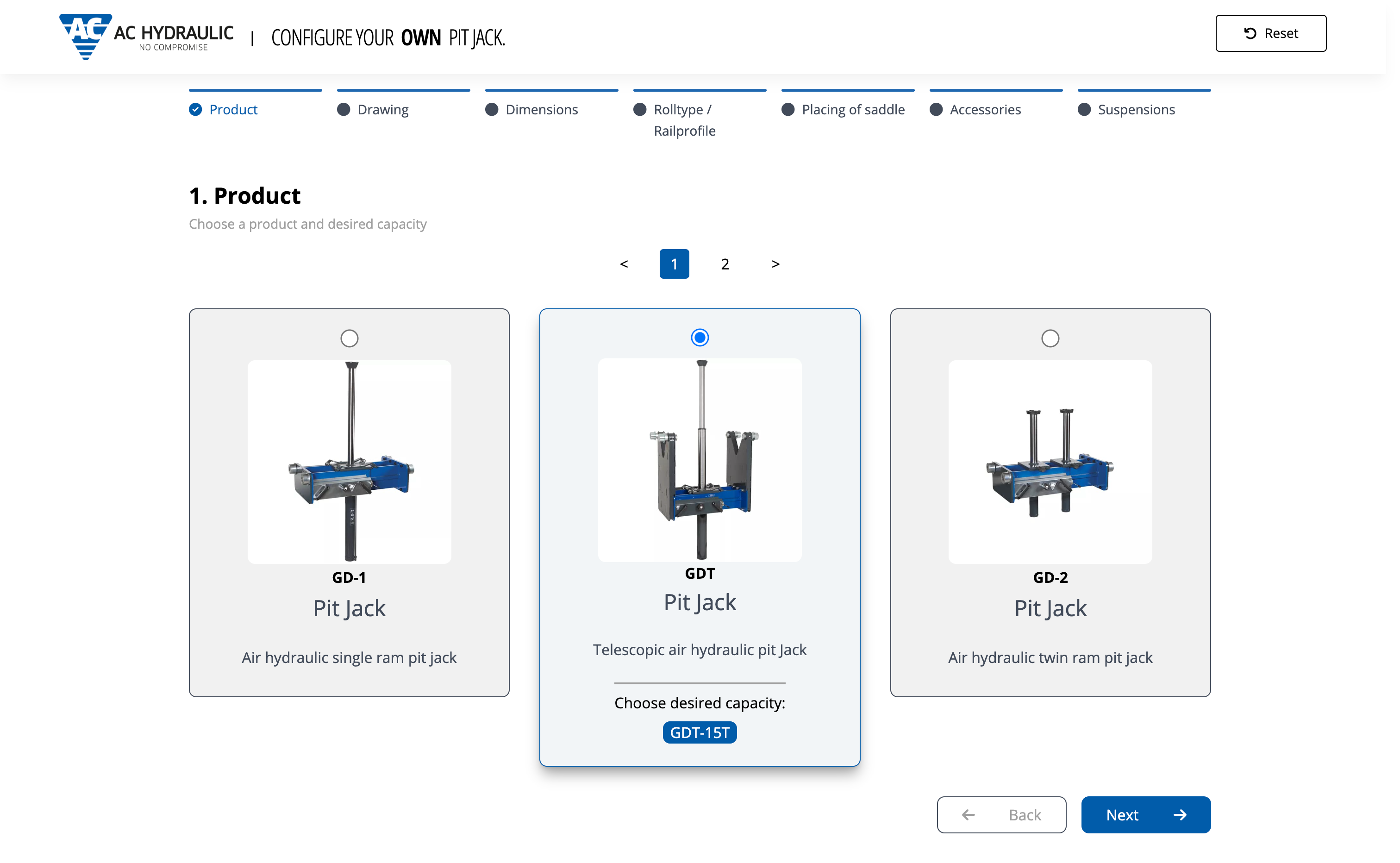 Configuratore pubblicato di AC Hydraulic, alla fase di prodotto e portata