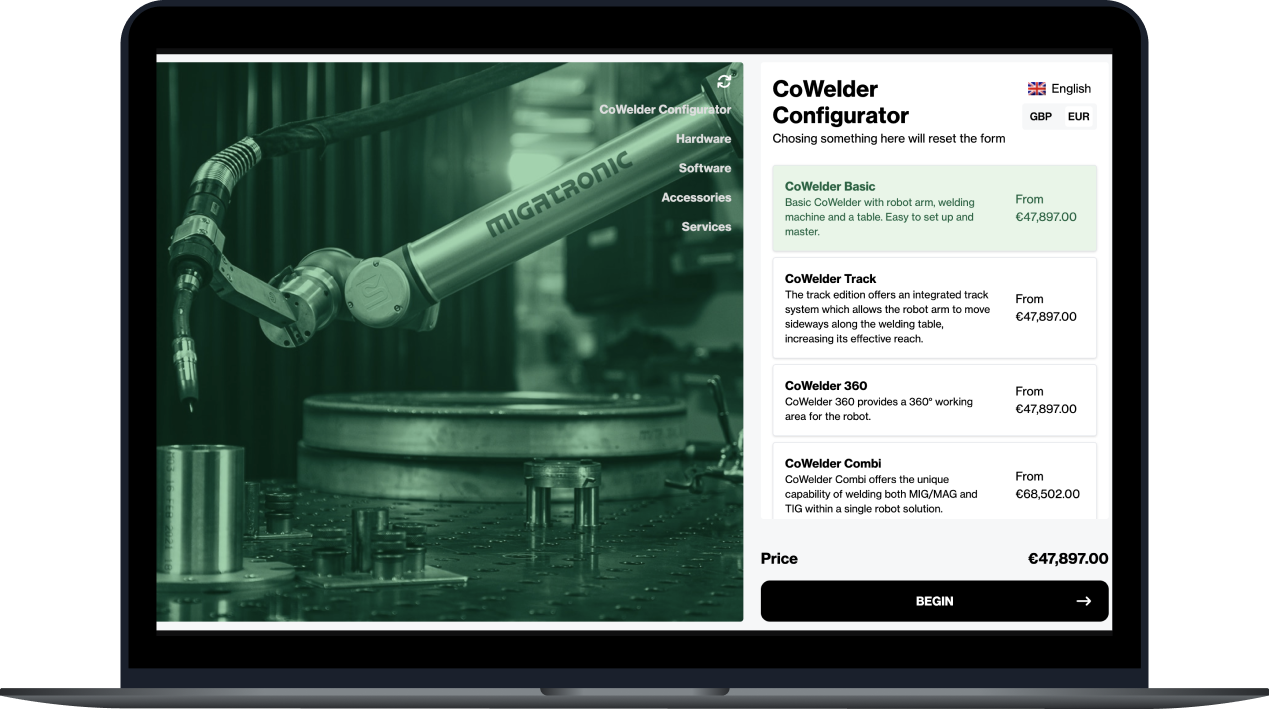 Mercura CPQ configurator showing guided product selection and live pricing